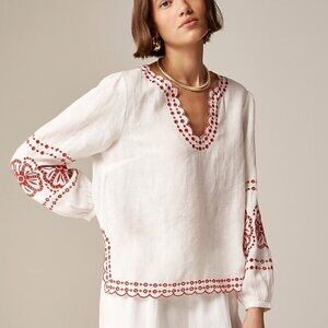 J. Crew White Linen Peasant Blouse with Red Floral Embroidery